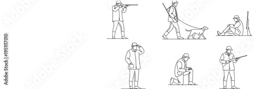 Vector Line Art Collection of Hunters in Various Poses Including Shooting Walking with a Hunting Dog and Scouting for Traditional Outdoor Wilderness Sport Design