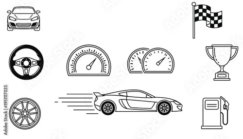 Car racing icon set with speedometer and checkered flag