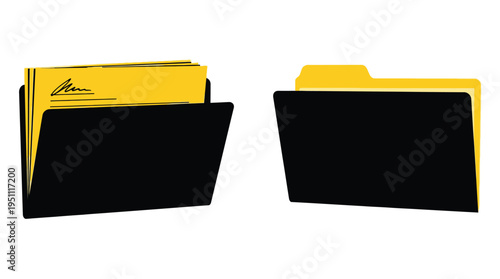 Two yellow file folders with documents one open and one closed in a stark silhouette