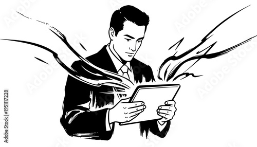 A businessman holding a tablet with abstract lines emanating from it