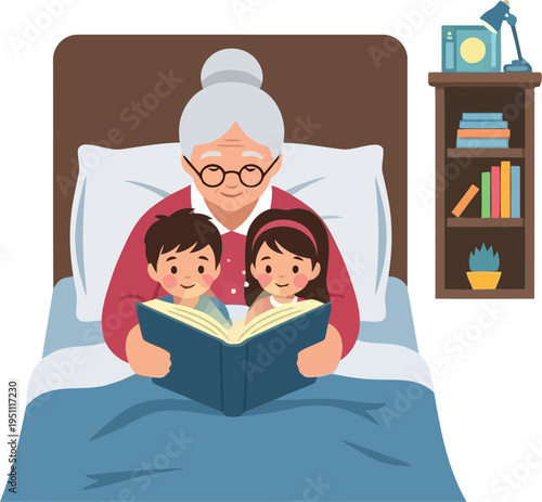 Grandmother Reading Bedtime Story to Grandchildren in Bedroom Flat Vector Illustration