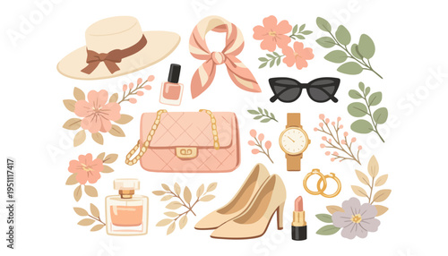 Fashion accessories icon set with flowers and perfume illustration