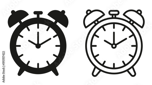 Two vintage alarm clocks are displayed one solid and one outlined as a striking silhouette