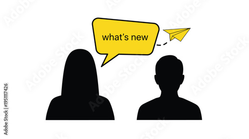 Two figures in dark silhouette converse as a speech bubble asks what s new silhouette