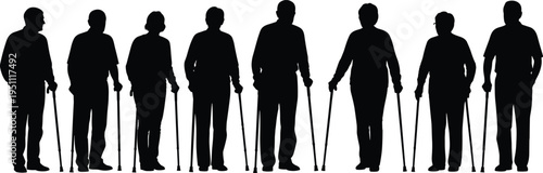 Elderly people silhouette set, senior walking with cane, aging lifestyle concept, old men women figures, isolated black illustration collection