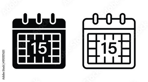 Two black calendar icons displaying the 15th of the month simple design silhouette