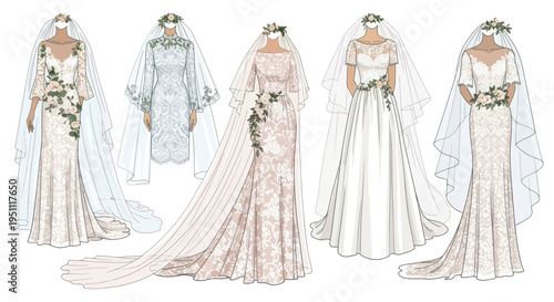 Collection of Elegant Wedding Dresses with Veils and Floral Accents