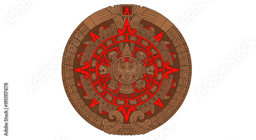 Ancient Sun Stone Mandala Symbol, Mesoamerican Calendar Design, Red and Brown