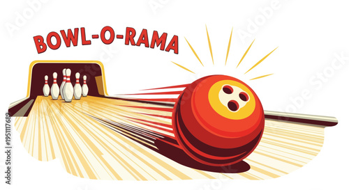 Bowling ball rolling down lane hitting pins in retro Bowl-O-Rama