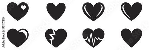 Heart silhouette set, clean simple vector heart icons, black romantic symbols, Valentine’s Day design elements
