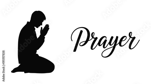 A kneeling man in prayer with elegant calligraphy a striking black silhouette