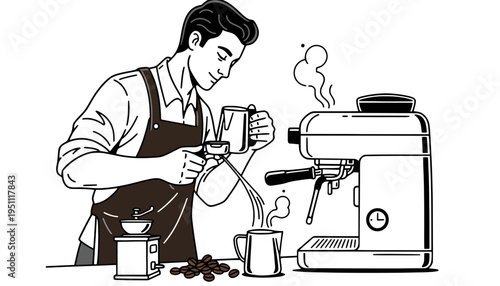 A barista making coffee with a commercial espresso machine and grinder