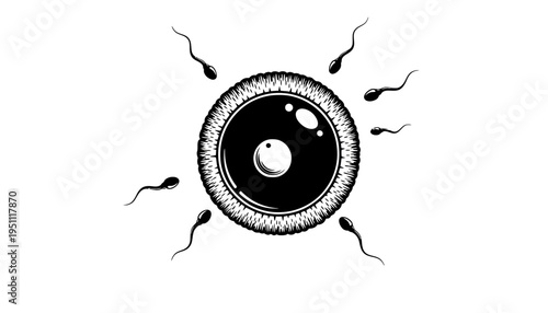 A large egg cell illustration surrounded by multiple sperm cells in black and white