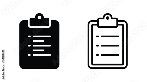 Two black clipboard icons one filled and one outlined demonstrating design variations silhouette