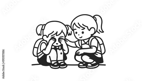 A girl comforting her sad friend with a gentle gesture of friendship