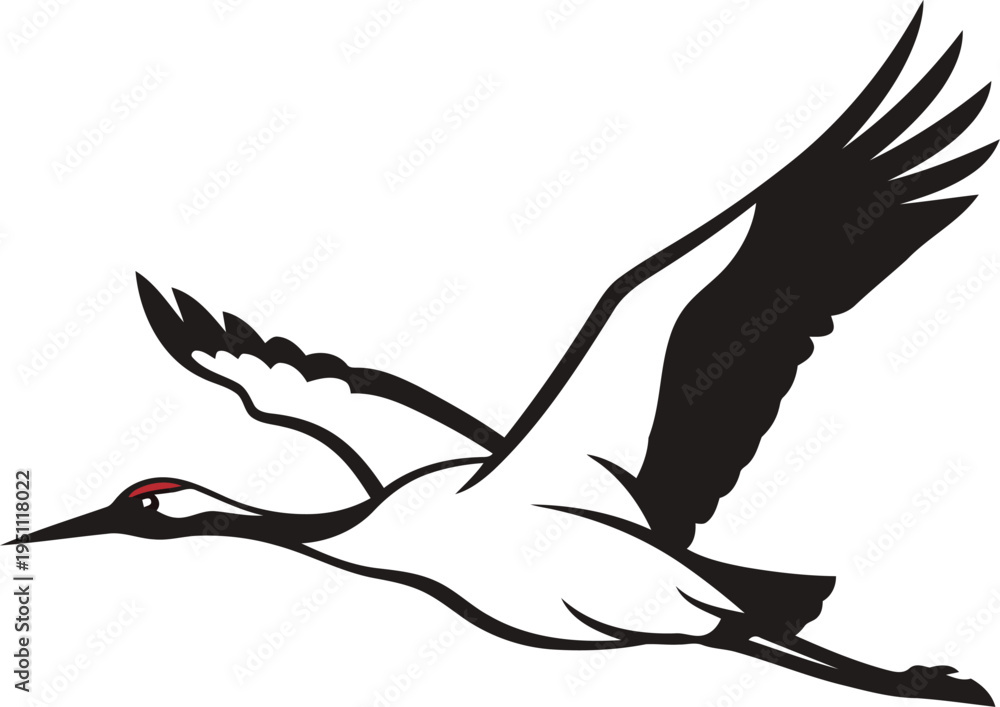 Naklejka premium Minimalist Flying Red Crowned Crane Vector Illustration for Logo and Branding Design