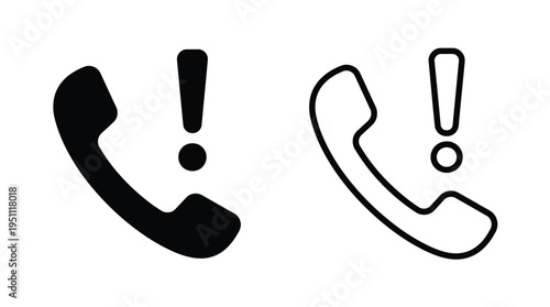 Two depictions of a telephone handset with an exclamation point a bold silhouette