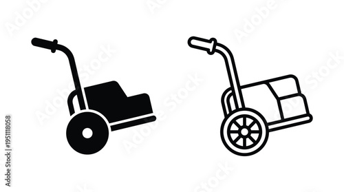 Two black hand trucks one filled and one empty depicted in a simple silhouette