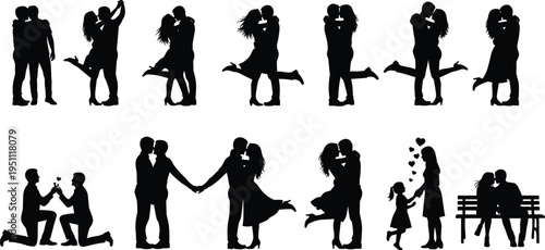 Romantic couple silhouette set, proposal scene, love story moments, kissing partners, wedding concept, isolated black figures, relationship illustration collection