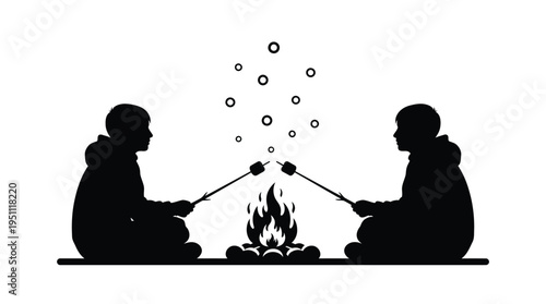 Two individuals roasting marshmallows over a campfire depicted in a striking black silhouette