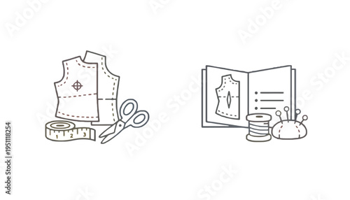 Fashion design illustration with sewing tools and pattern making accessories