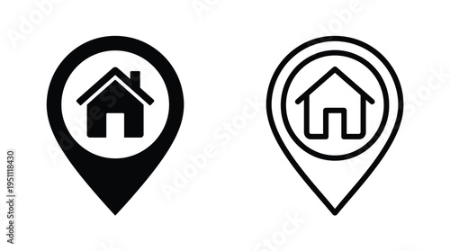 Two black and white map pin icons featuring house shapes representing location home and real estate silhouette