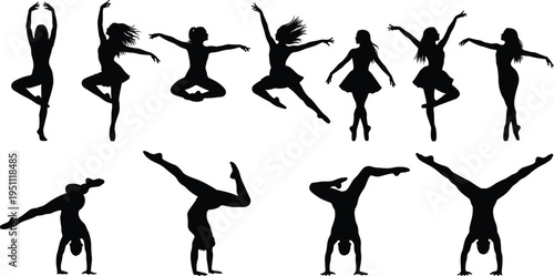 Dance silhouette collection, ballerina poses, jumping dancers, acrobatic movement, performance art concept, isolated black figures, graceful motion illustration set