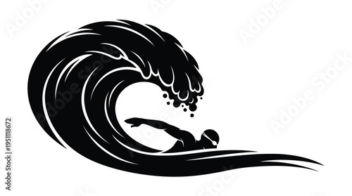 A dynamic black wave curls over a surfer creating a striking visual silhouette