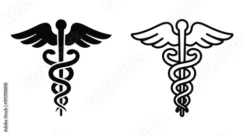 Two caduceus symbols one black and one white represent medicine and healthcare as a silhouette