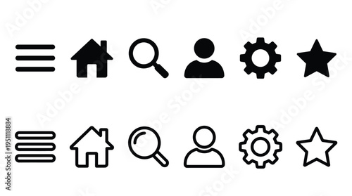 A collection of common user interface icons in filled and outlined styles silhouette