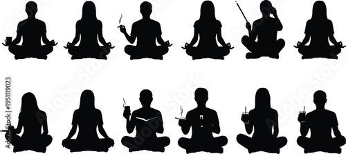 Silhouette meditation set, mindful lifestyle, yoga pose collection, calm relaxation concept, isolated figures, wellness illustration, black icons, peaceful habit routine