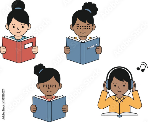 Diverse Students Reading Braille Books and Listening to Audiobooks Illustration