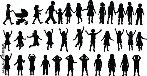 Children silhouette collection, kids playing, family walking, happy childhood concept, jumping poses, isolated black figures, playful lifestyle illustration set