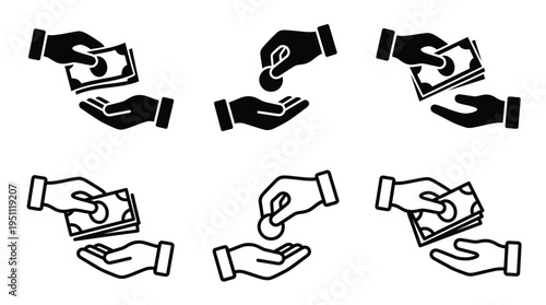 A collection of hands exchanging money and seeds depicted in a stark black silhouette