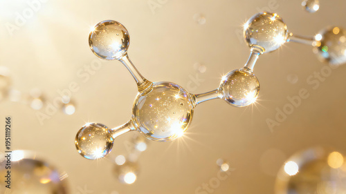 The highly active skin care molecular structure in the gilded light shadow represents the concept of scientific skin care, anti-aging repair and muscle bottom strength and rejuvenation.

