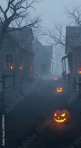 A spooky Halloween scene with jack-o-lanterns on a foggy street