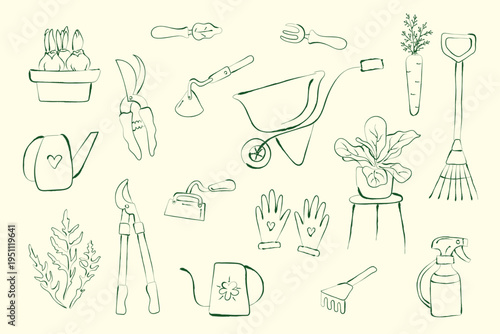 Hand-drawn gardening set with tools, plants and equipment in simple line style. Minimal doodle collection for gardening, farming and eco lifestyle design, isolated on light background.