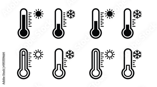 A set of thermometer icons displaying varying temperatures with sun and snowflake symbols silhouette