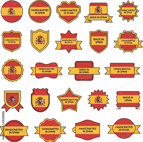 Set of Made in Spain and Handcrafted in Spain Labels and Badges with Spanish Flag Designs