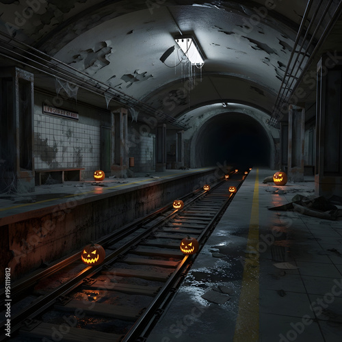 A dimly lit abandoned subway tunnel decorated with glowing jack-o-lanterns on the tracks