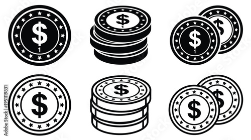 Black and white illustration of stacked coins and dollar signs a financial representation silhouette