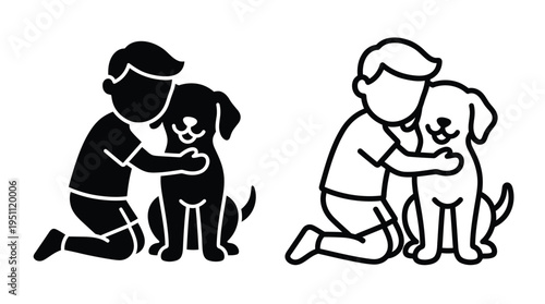 A boy gently embraces a canine companion in a simple black and white silhouette