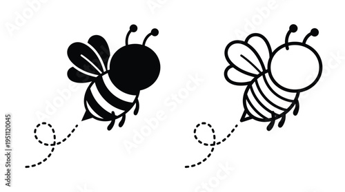 Two adorable bees in flight one solid and one outlined create a charming visual silhouette