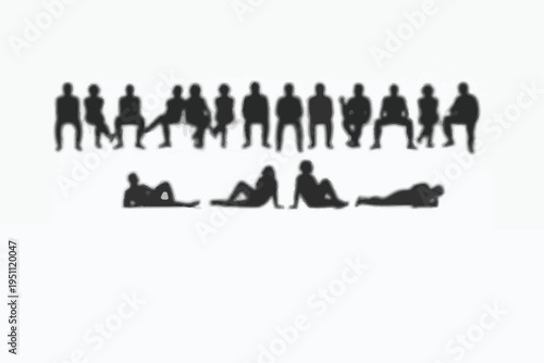 Silhouettes of people sitting and lying down in two rows on a white background group