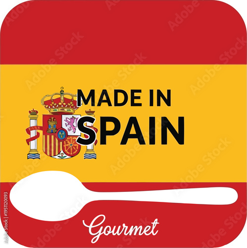 Made in Spain Gourmet Label with Spanish Flag and Spoon Icon for Food Products