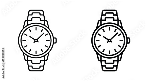 Two identical analog wristwatches are displayed featuring simple line art style silhouette