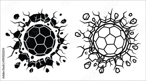 Two black soccer balls bursting through cracked surfaces a striking visual effect silhouette