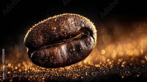 Close up of a coffee bean with water droplets