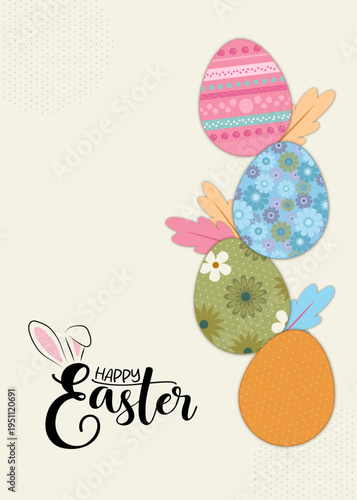 Happy Easter Greeting Card Template with Colorful Patterned Eggs and Feathers, Papercut Style Illustration with Copyspace for Text and Cute Bunny Ears Logo