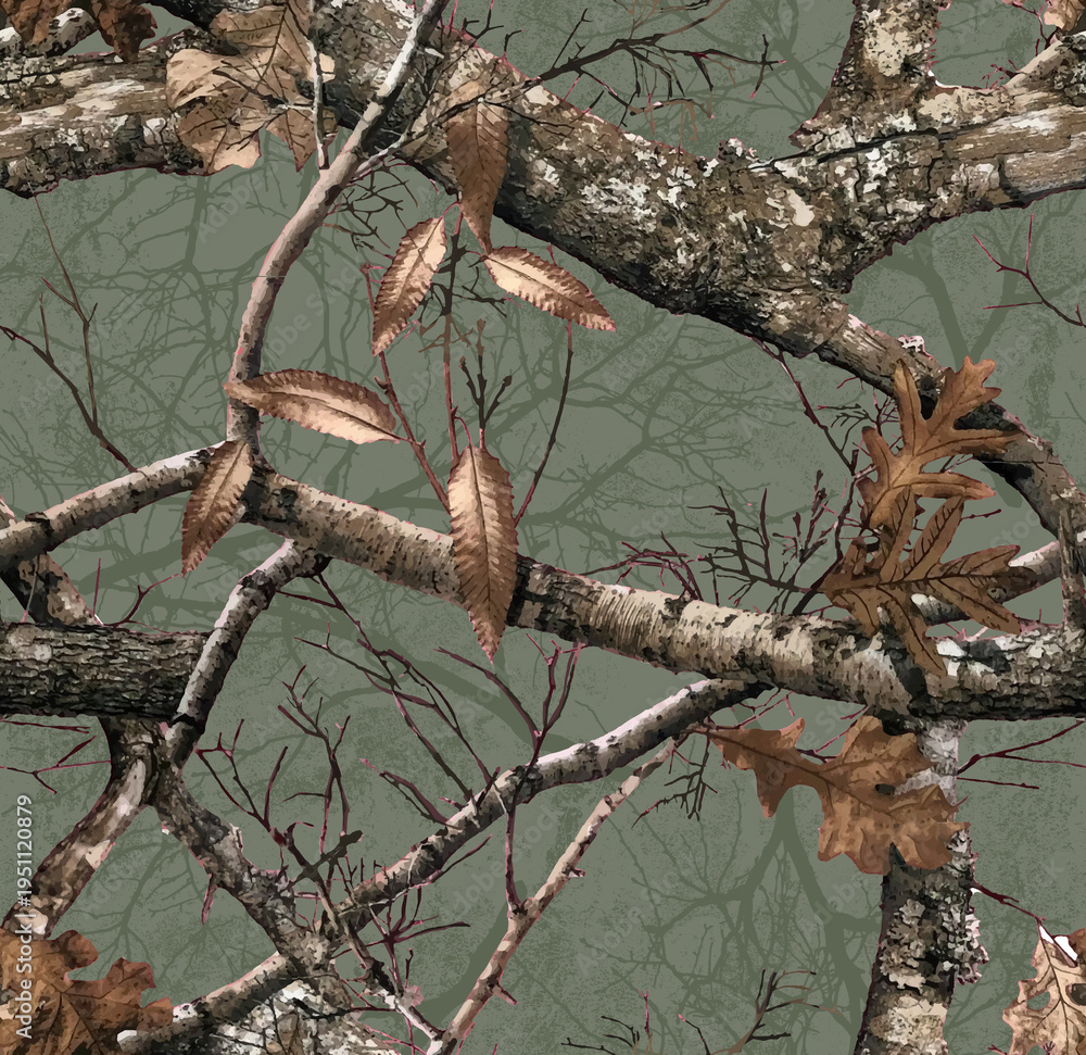 Fototapeta premium Realistic forest camouflage. Seamless pattern. Conifer tree, branches and leaves on sky blue background. Useable for hunting and military purposes.